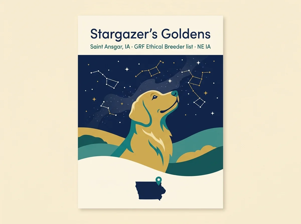 Stargazer's Golden Retrievers editorial profile card showing tier rating, Saint Ansgar IA location, and key credentials