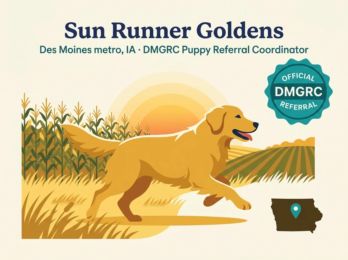 Sun Runner Goldens editorial profile card showing tier rating, Des Moines metro location, and DMGRC referral status