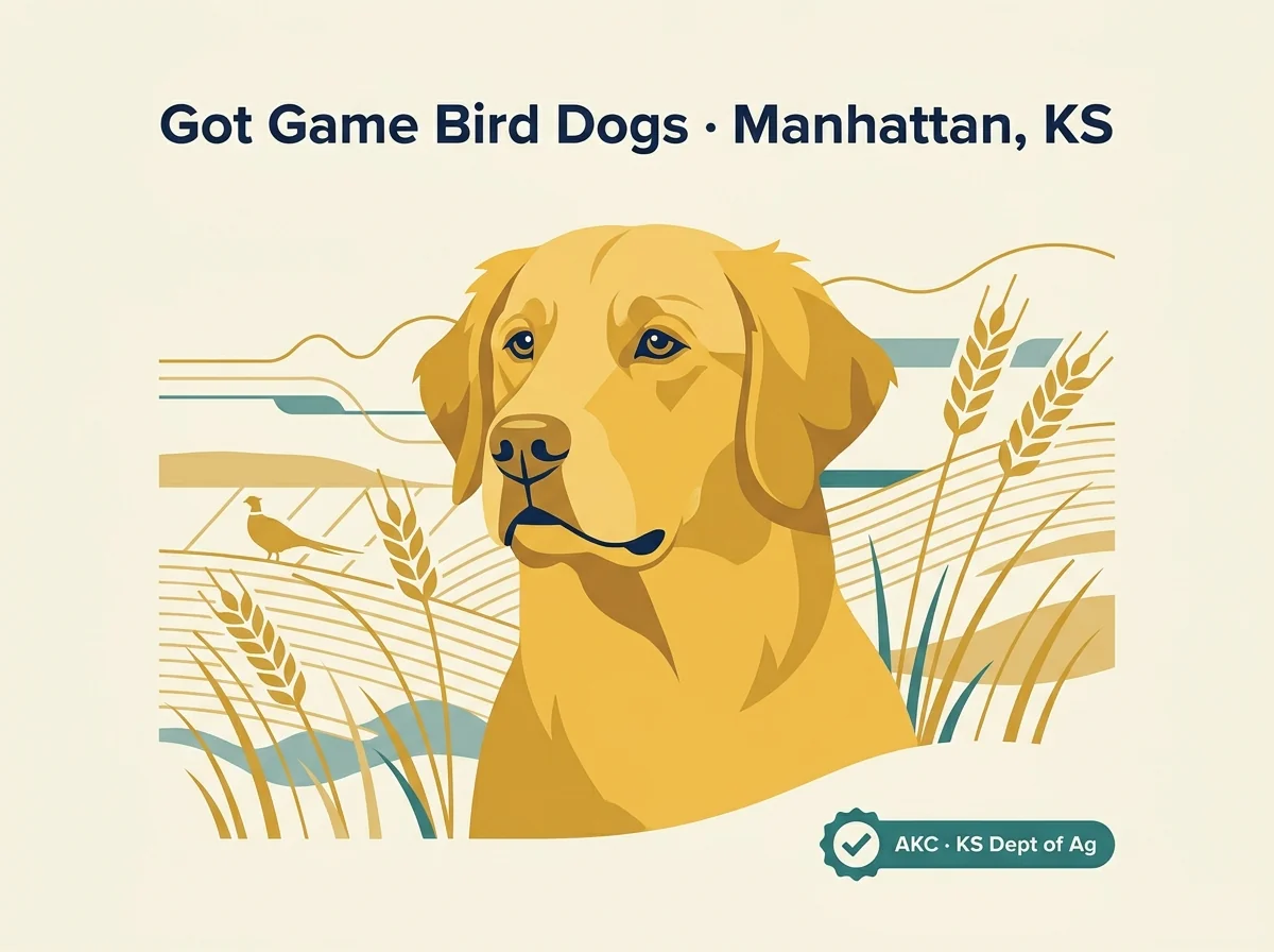 Got Game Bird Dogs editorial profile card with AKC and KS Department of Agriculture badge and Manhattan Kansas Flint Hills location.