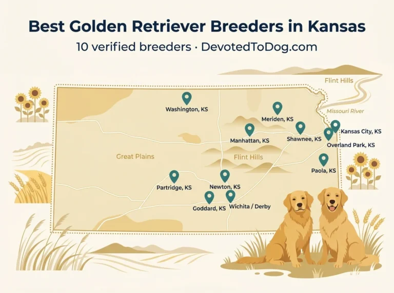 Map of Kansas showing the locations of ten recommended golden retriever breeders, with sunflowers, wheat fields, and Flint Hills illustrating the state's regions.