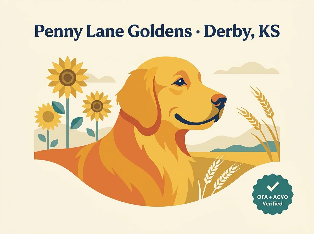Penny Lane Goldens editorial profile card showing OFA and ACVO verification with Derby Kansas Wichita-metro location and sunflower wheat-field background.