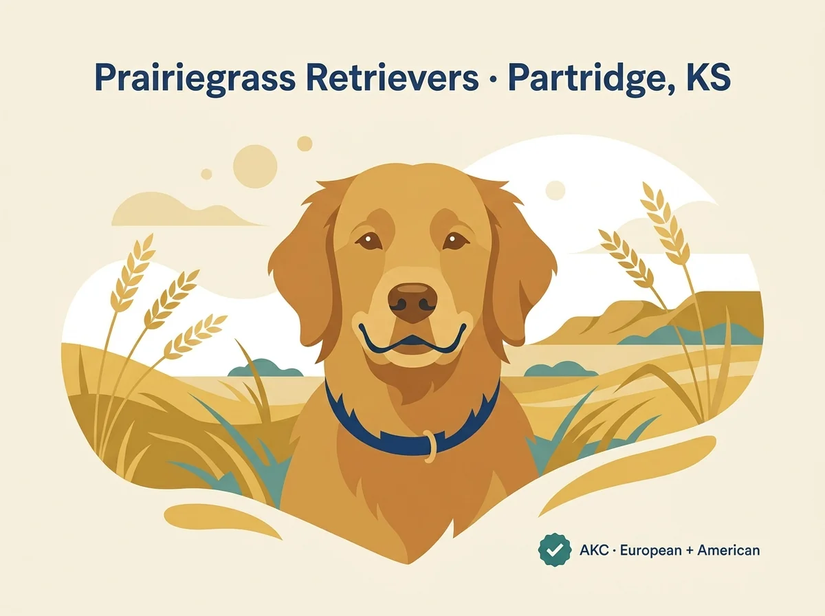 Prairiegrass Retrievers editorial profile card with AKC European-and-American lineage badge and Partridge Kansas south-central location.