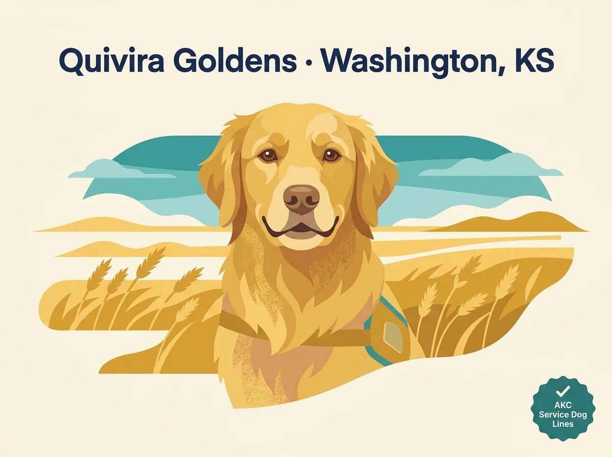 Quivira Goldens editorial profile card showing AKC service-dog lines badge with Washington Kansas rural-prairie location.