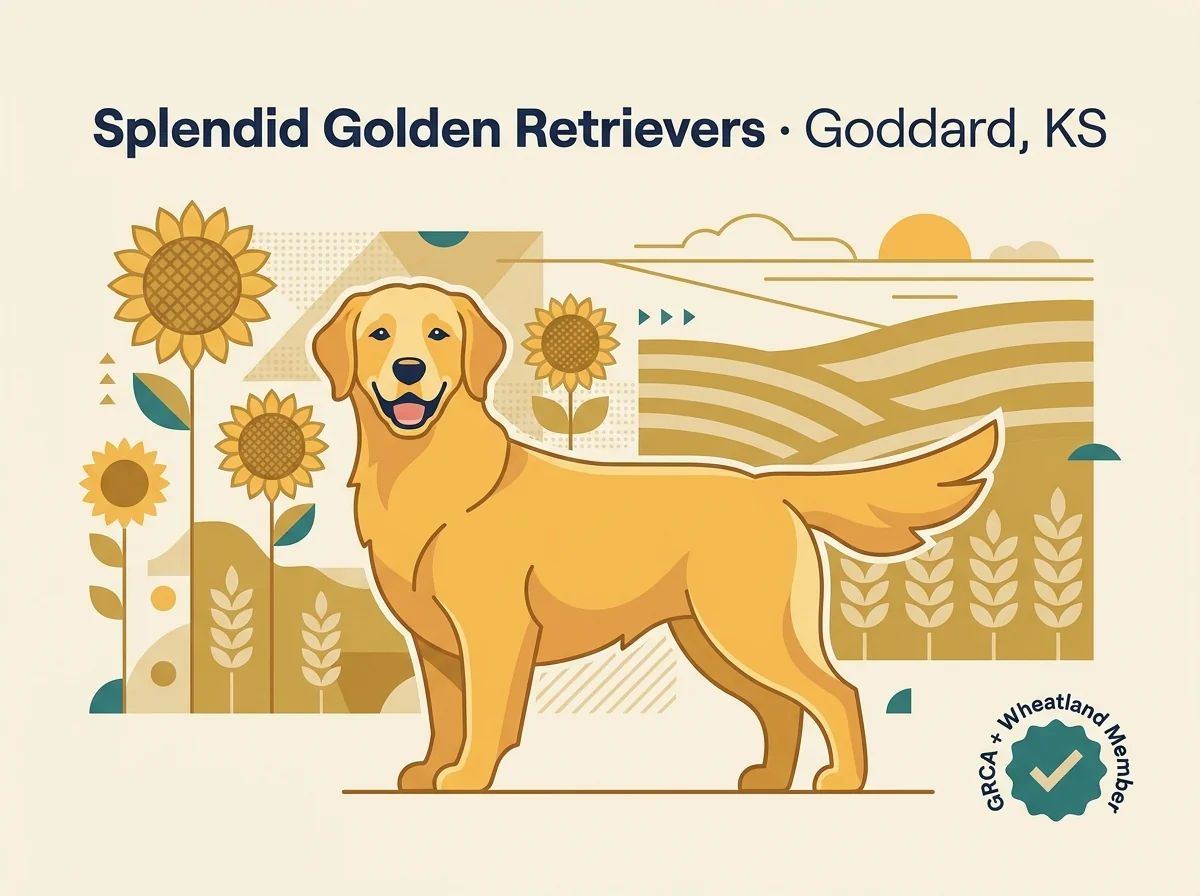 Splendid Golden Retrievers editorial profile card showing GRCA and Wheatland member badge with Goddard Kansas Wichita-area location.