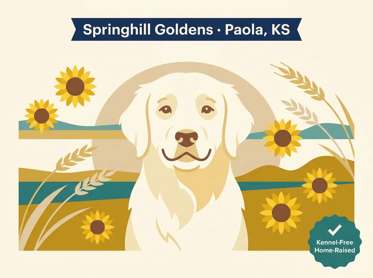 Springhill Goldens editorial profile card with kennel-free home-raised badge and English Cream golden retriever portrait against Kansas wheat-field backdrop.