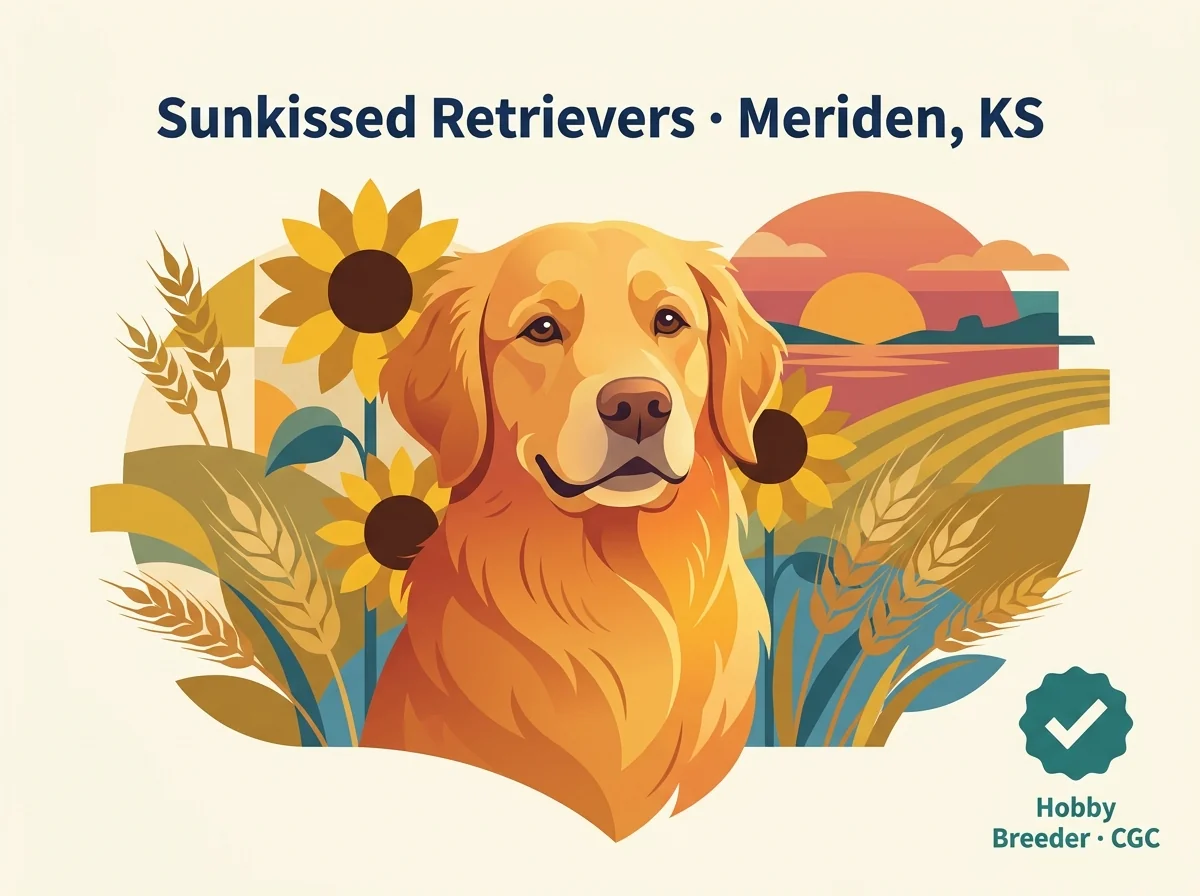 Sunkissed Retrievers editorial profile card with hobby-breeder CGC badge and Meriden Kansas location near Topeka against a sunset prairie backdrop.