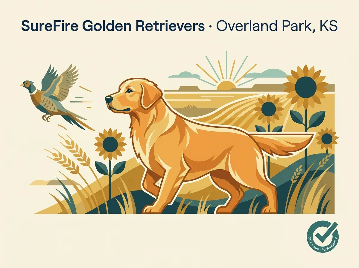 SureFire Golden Retrievers editorial profile card with 20-year performance badge and a hunting-pose golden retriever in a Kansas wheat field with pheasant in the background.