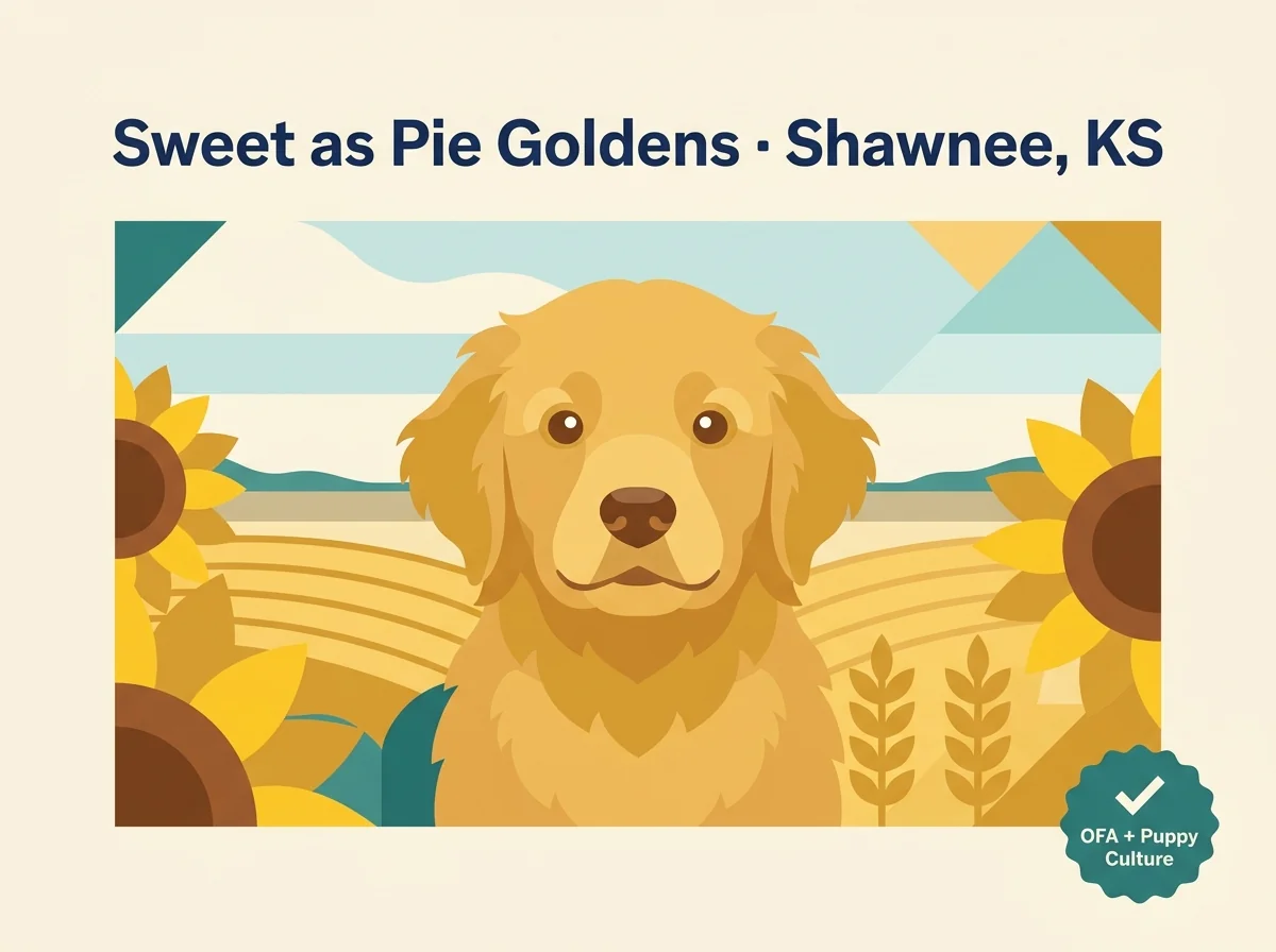 Sweet as Pie Golden Retrievers editorial profile card showing OFA and Puppy Culture verification with Shawnee Kansas KC-metro location.