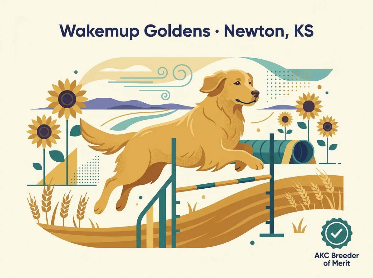 Wakemup Golden Retrievers editorial profile card showing AKC Breeder of Merit credential with Newton Kansas location and an agility-focused performance pose.