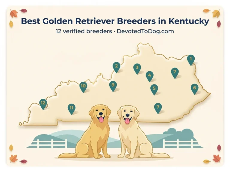 Map of Kentucky showing 12 verified golden retriever breeders, with a verification badge listing OFA health testing, GRCA membership, and AKC Breeder of Merit credentials.