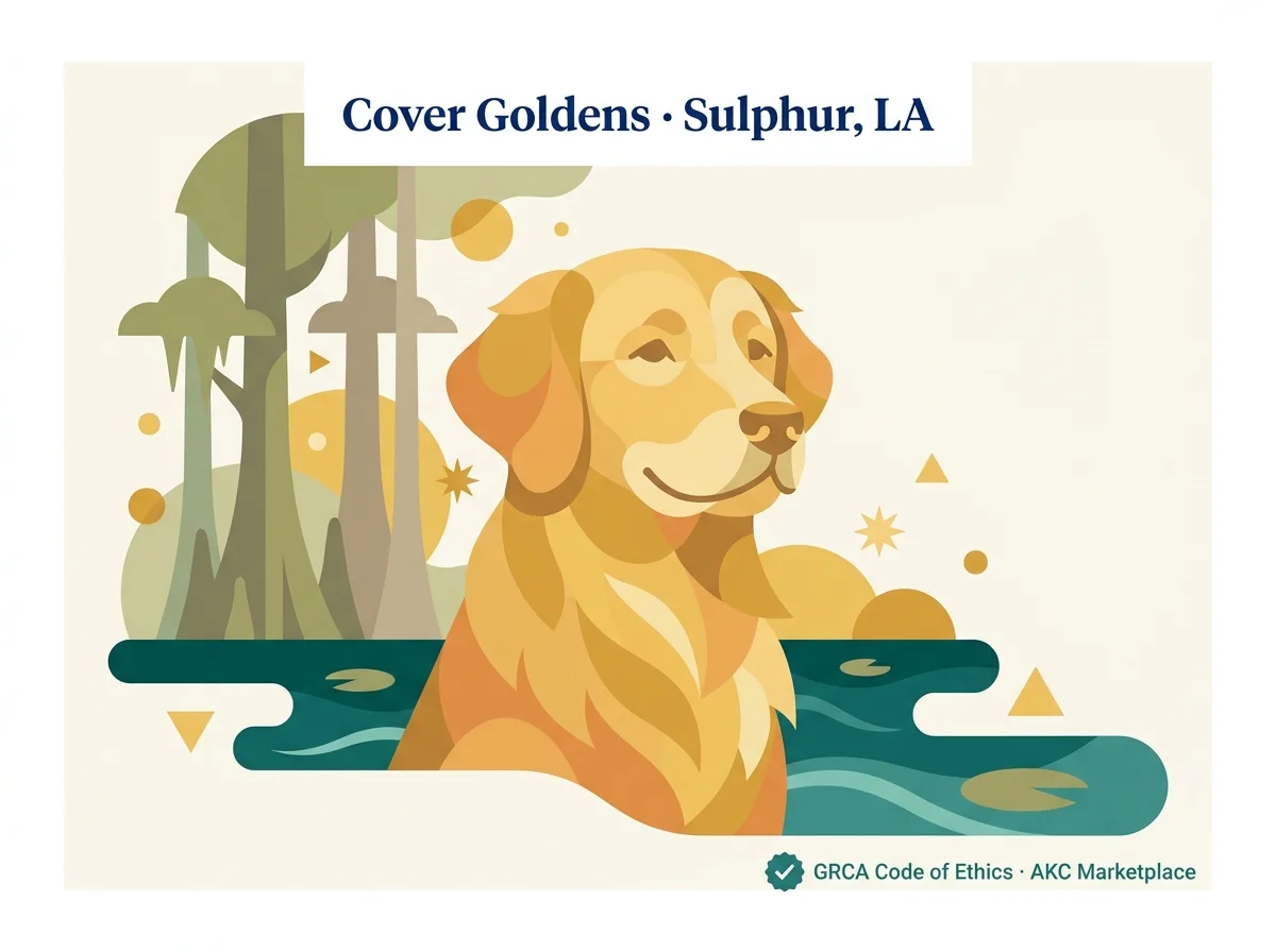 Cover Goldens editorial profile card showing GRCA Code of Ethics adherence and AKC Marketplace listing for Sulphur Louisiana