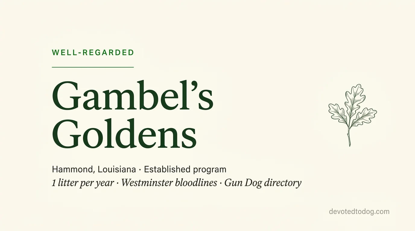 Gambel's Goldens editorial profile card showing tier rating, location, and key credentials