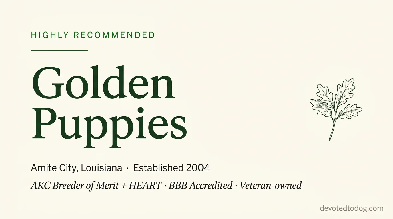 Golden Puppies editorial profile card showing tier rating, location, and key credentials