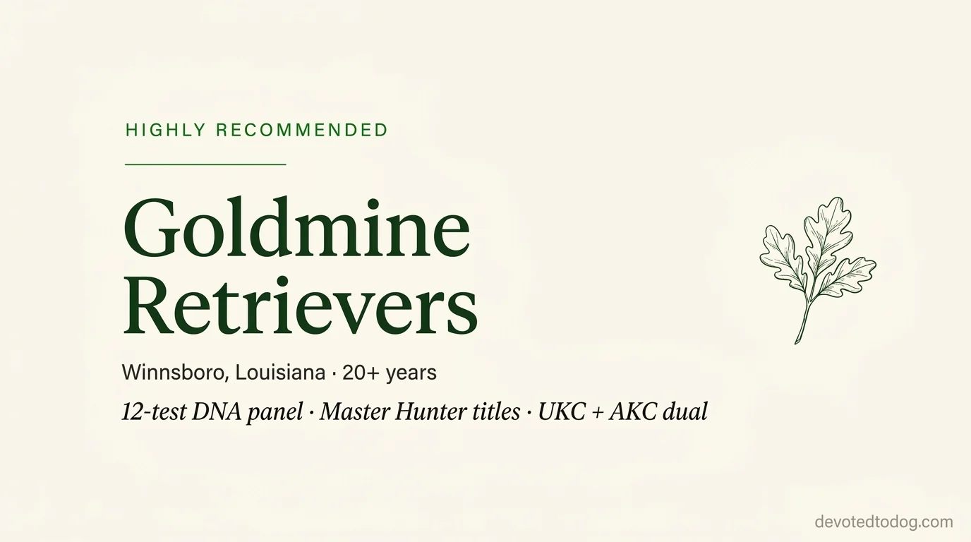 Goldmine Retrievers editorial profile card showing tier rating, location, and key credentials
