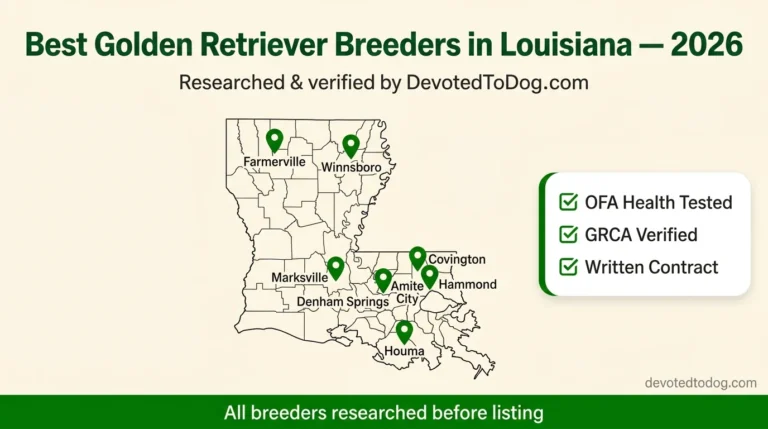 Map of Louisiana with 8 golden retriever breeder locations marked, with OFA health testing verification checklist