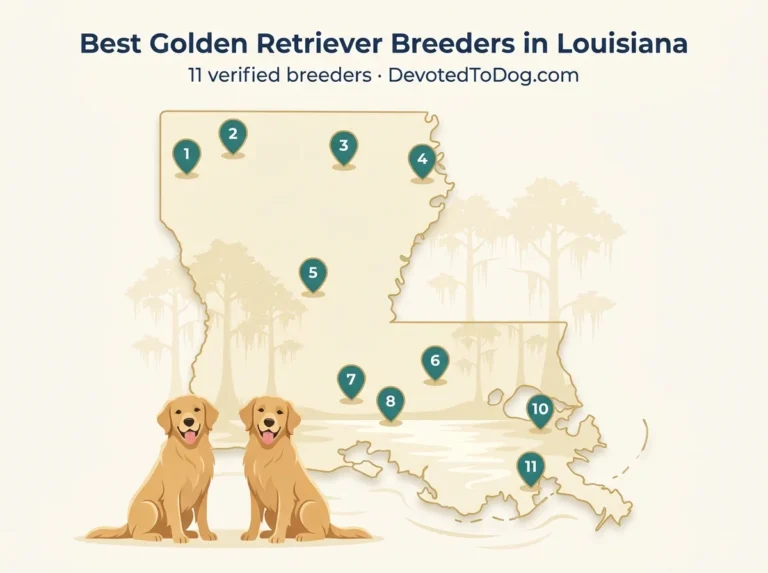 Map of Louisiana showing 11 verified golden retriever breeders, with a verification badge listing OFA health testing, GRCA membership, and AKC Breeder of Merit credentials.