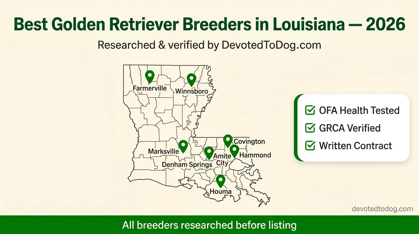Map of Louisiana with 8 golden retriever breeder locations marked, with OFA health testing verification checklist