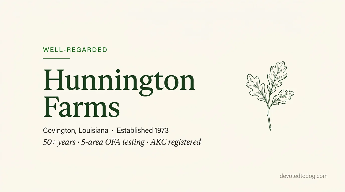 Hunnington Farms editorial profile card showing tier rating, location, and key credentials