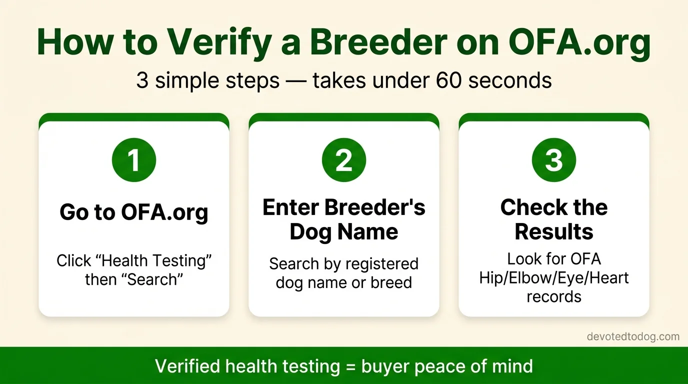 3-step guide showing how to verify a golden retriever breeder on OFA.org