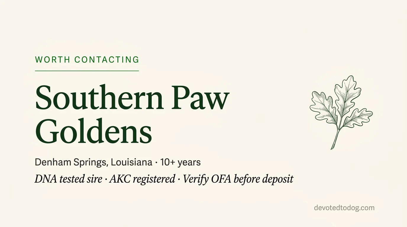 Southern Paw Goldens editorial profile card showing tier rating, location, and key credentials
