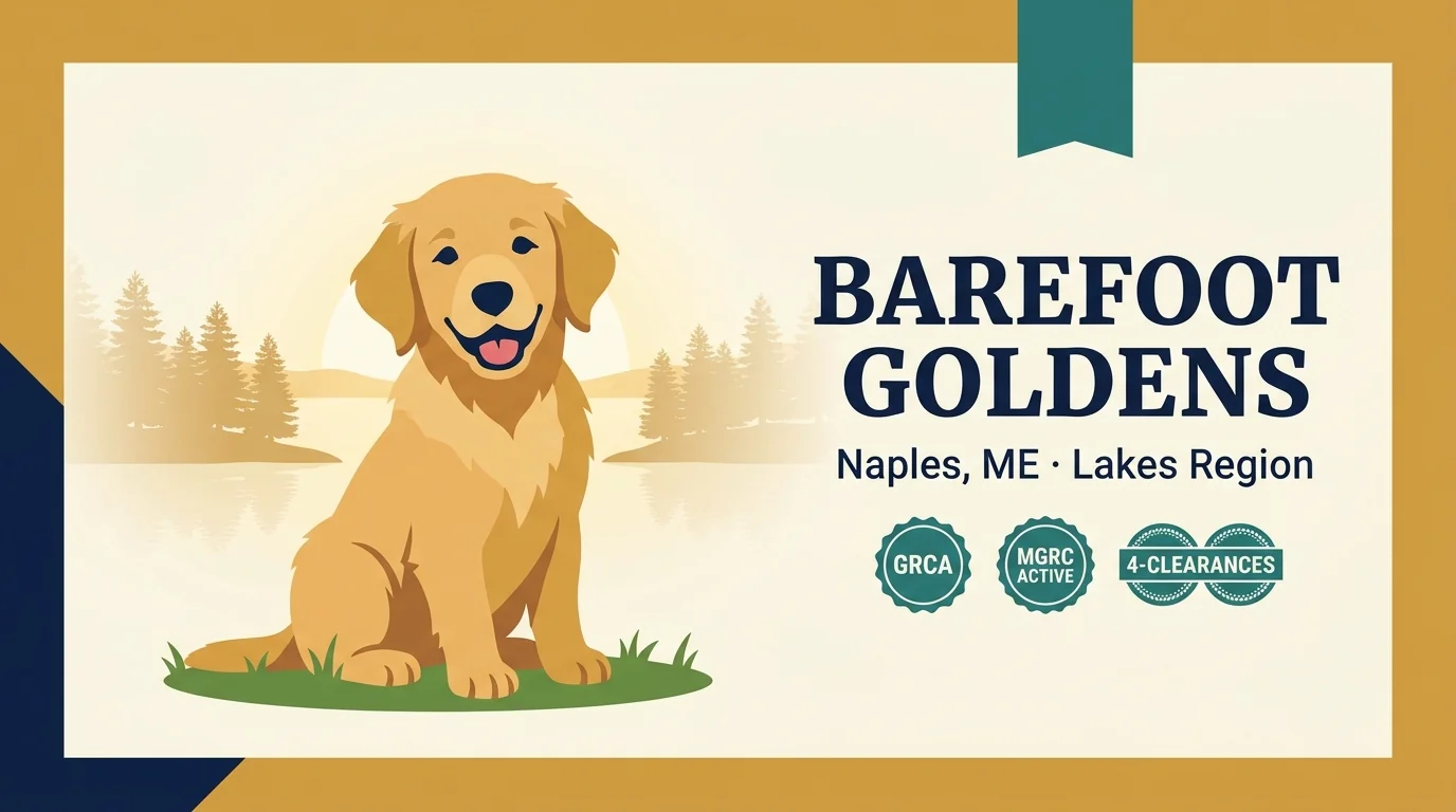 Barefoot Goldens editorial profile card showing the Naples, Maine program's GRCA + MGRC credentials and Lakes Region location.