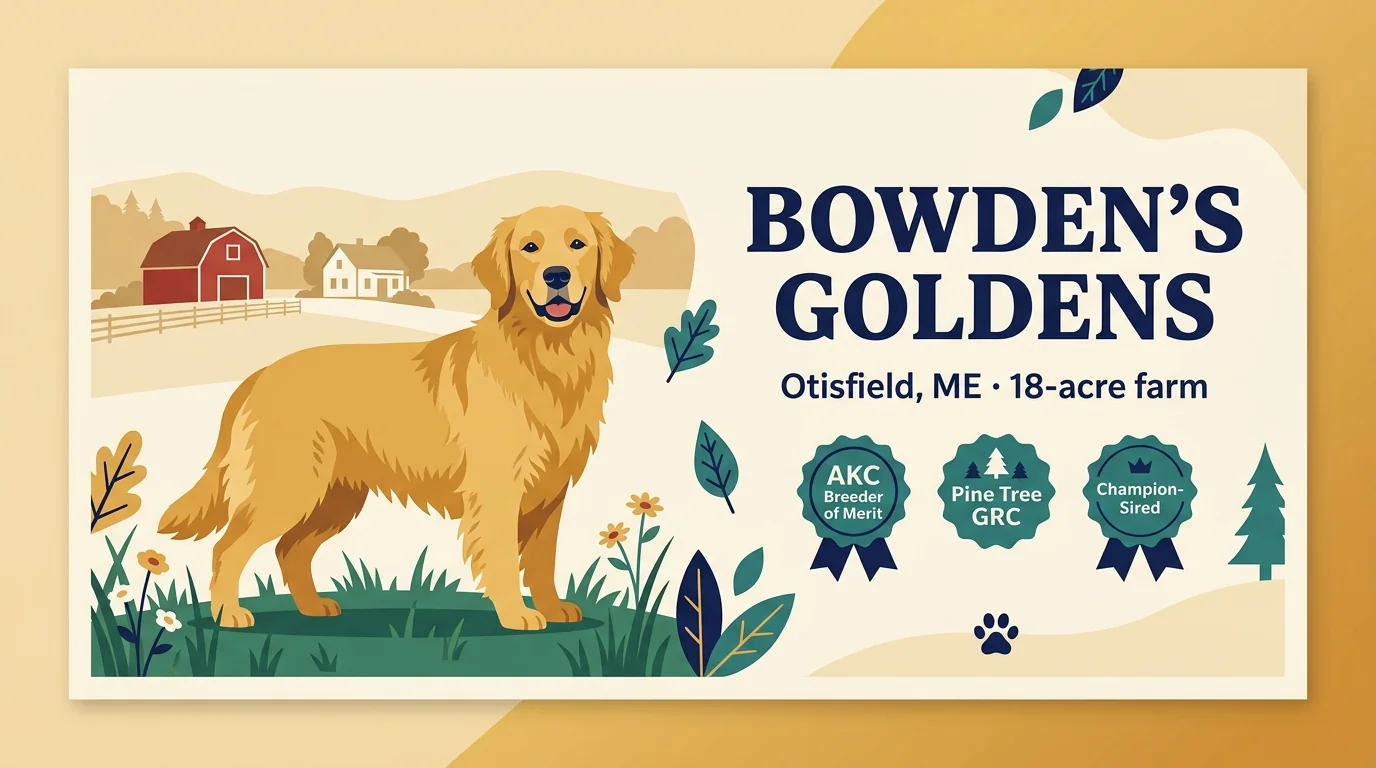 Bowden's Goldens editorial profile card for the Otisfield, Maine 18-acre farm program with AKC Breeder of Merit credentials.