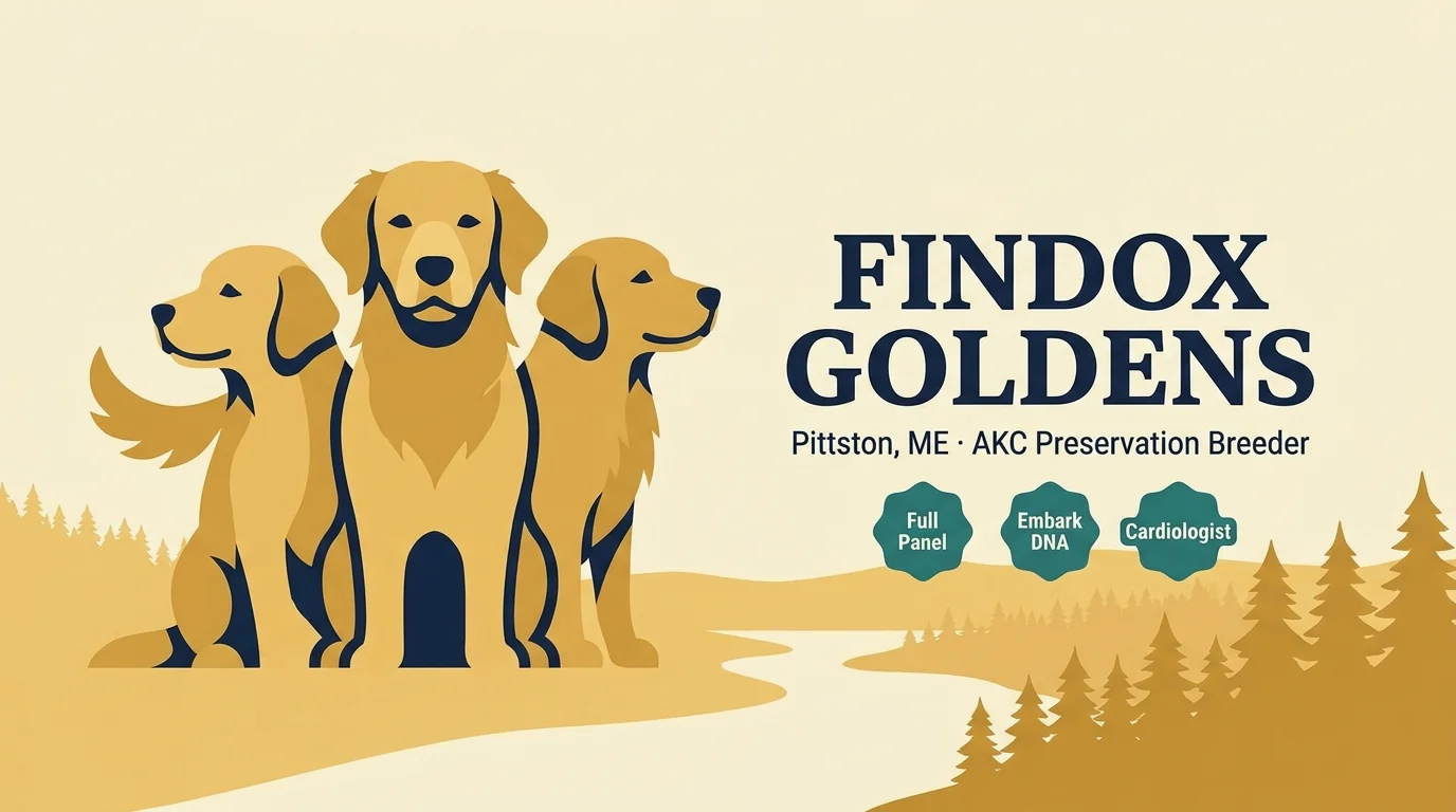 FinDox Golden Retrievers editorial profile card for the Pittston, Maine AKC Preservation Breeder program.
