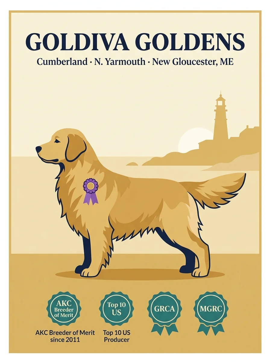 Goldiva Goldens editorial profile card showing AKC Breeder of Merit since 2011 and Top 10 US producer credentials for the Cumberland-area Maine kennel.