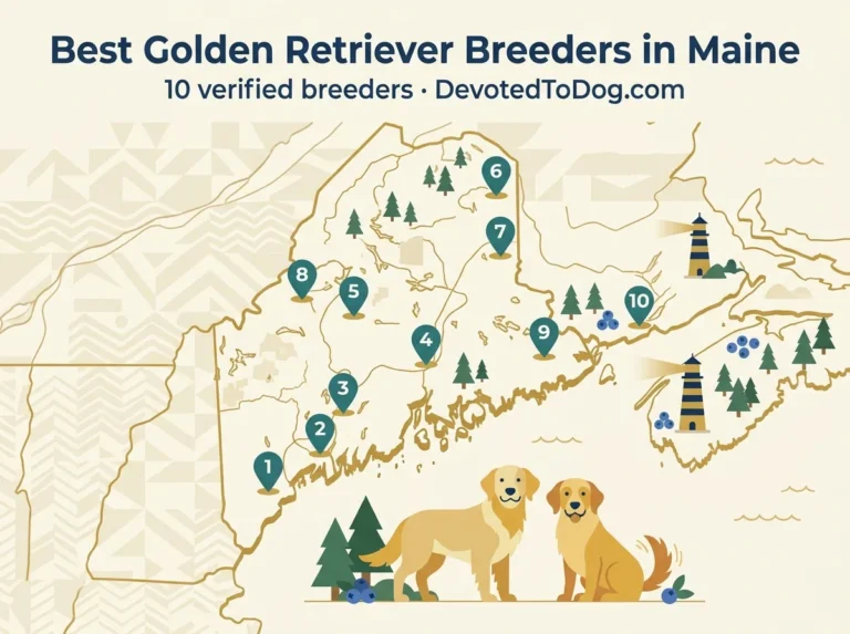Editorial flat-vector map of Maine with ten numbered teal pins marking verified golden retriever breeders, two golden retrievers, Atlantic coast lighthouses, pines, and blueberries.