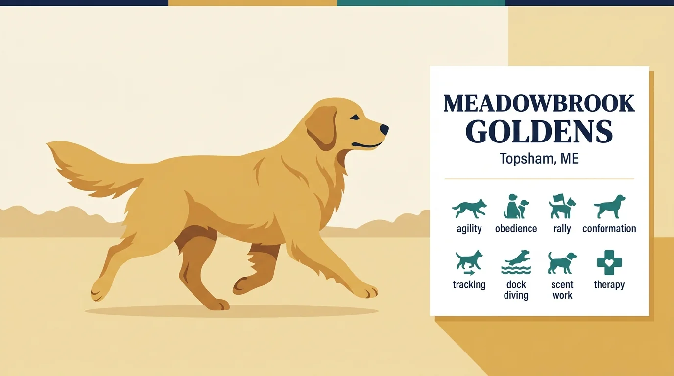 Meadowbrook Goldens editorial profile card for Lauren Sawyer's Topsham, Maine program with full OFA testing and Alliance of Therapy Dogs membership.