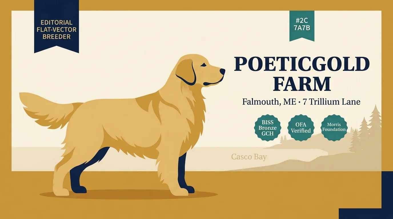 PoeticGold Farm editorial profile card for the Falmouth, Maine show conformation program with verifiable OFA records on stud Mystic.