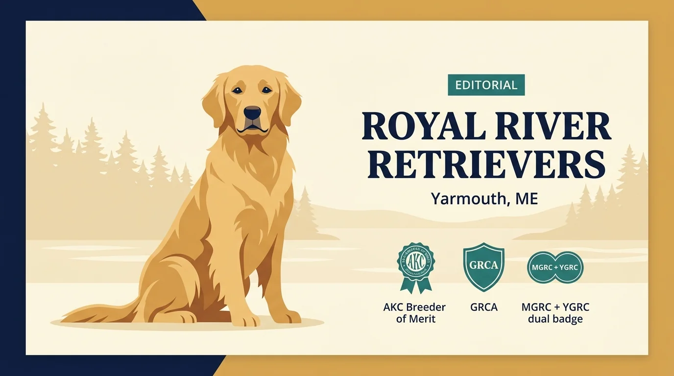 Royal River Retrievers editorial profile card showing AKC Breeder of Merit and full multi-club credentialing for the Yarmouth, Maine program.