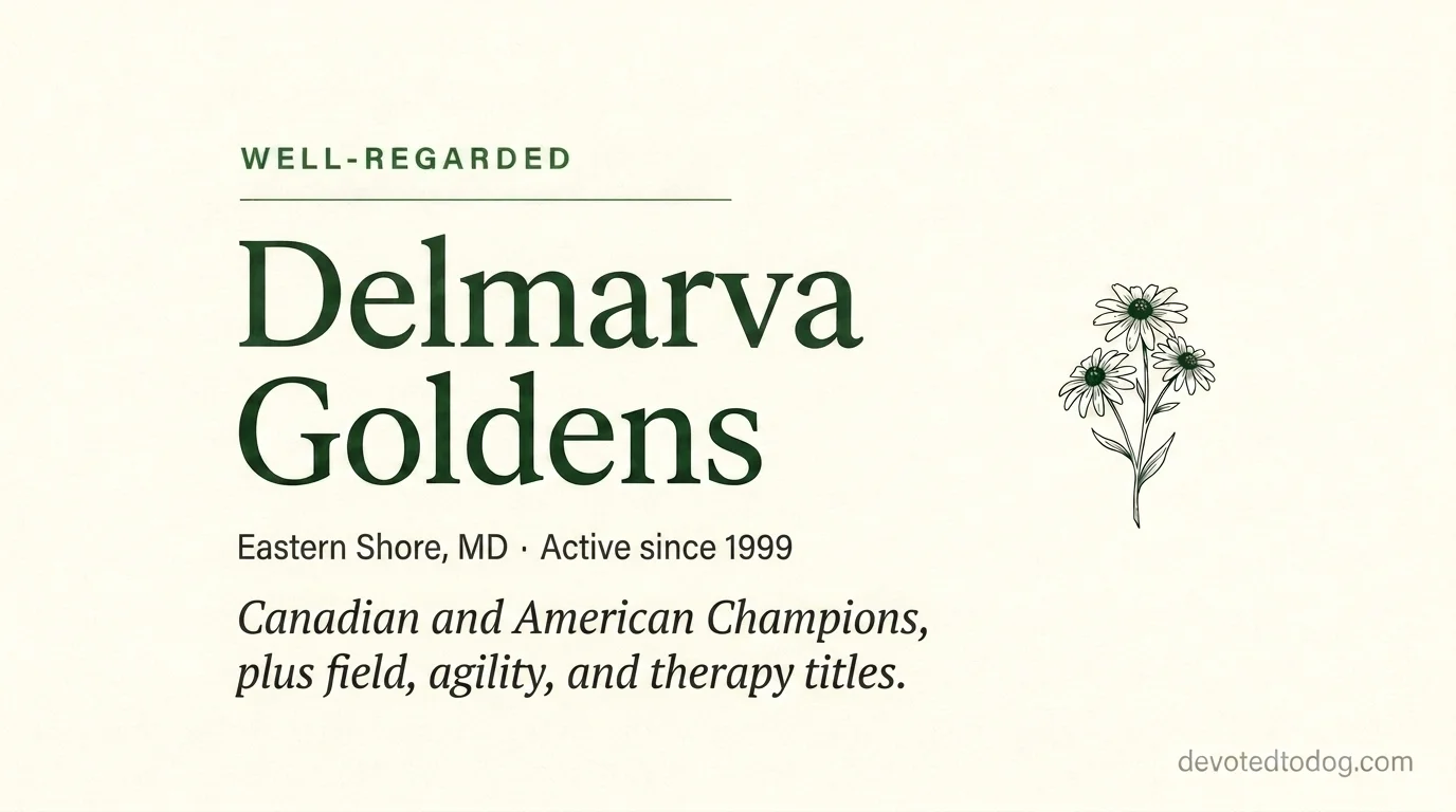 Delmarva Golden Retrievers editorial profile card showing tier rating, Eastern Shore Maryland location, and Canadian American Champion plus performance title program