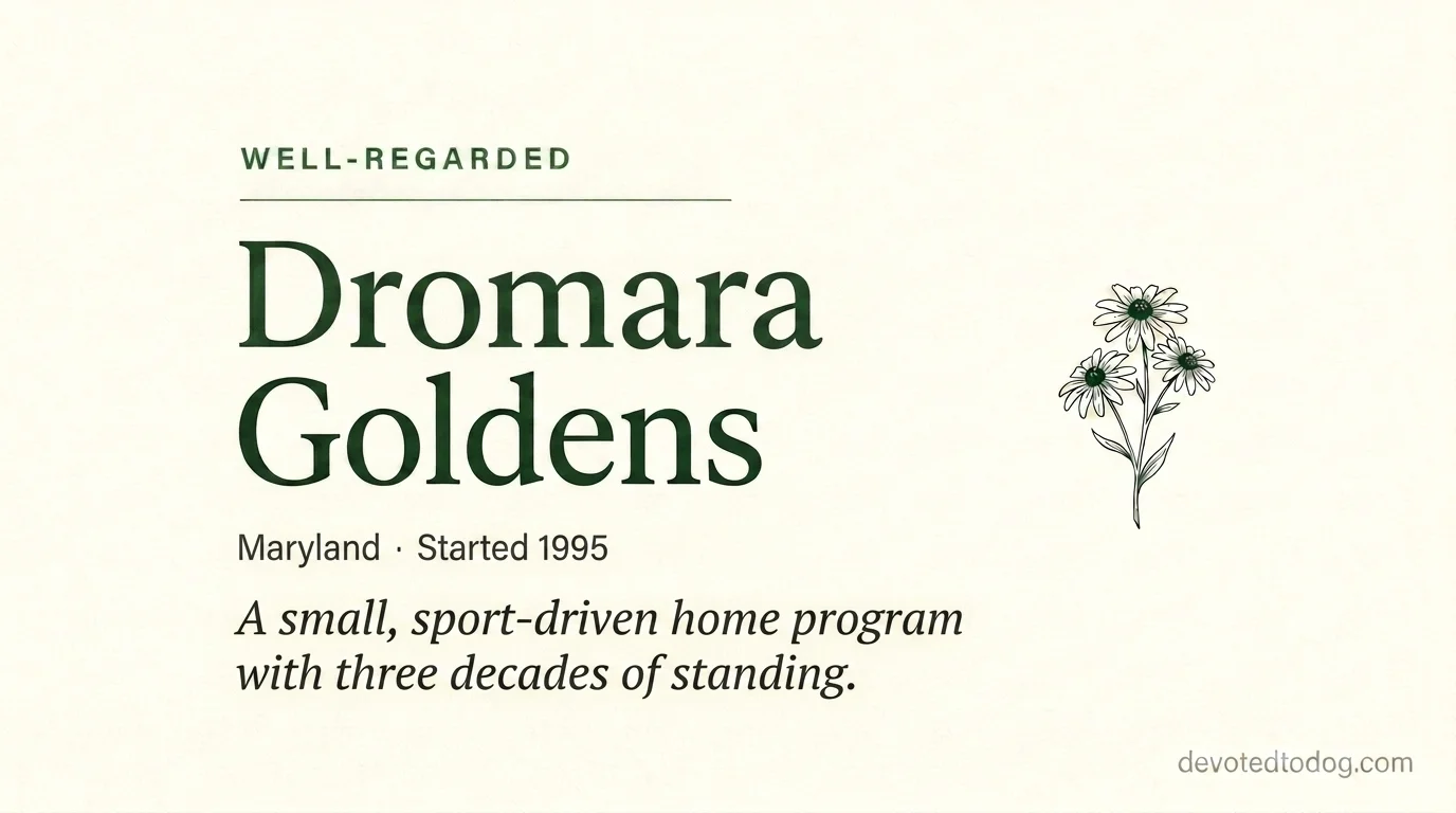 Dromara Goldens editorial profile card showing tier rating, Maryland location, competitive Golden sports program since 1995