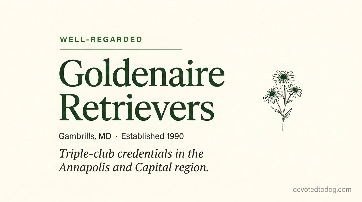 Goldenaire Retrievers editorial profile card showing tier rating, Gambrills Annapolis area location, and GRCA plus PVGRC plus AKC triple membership