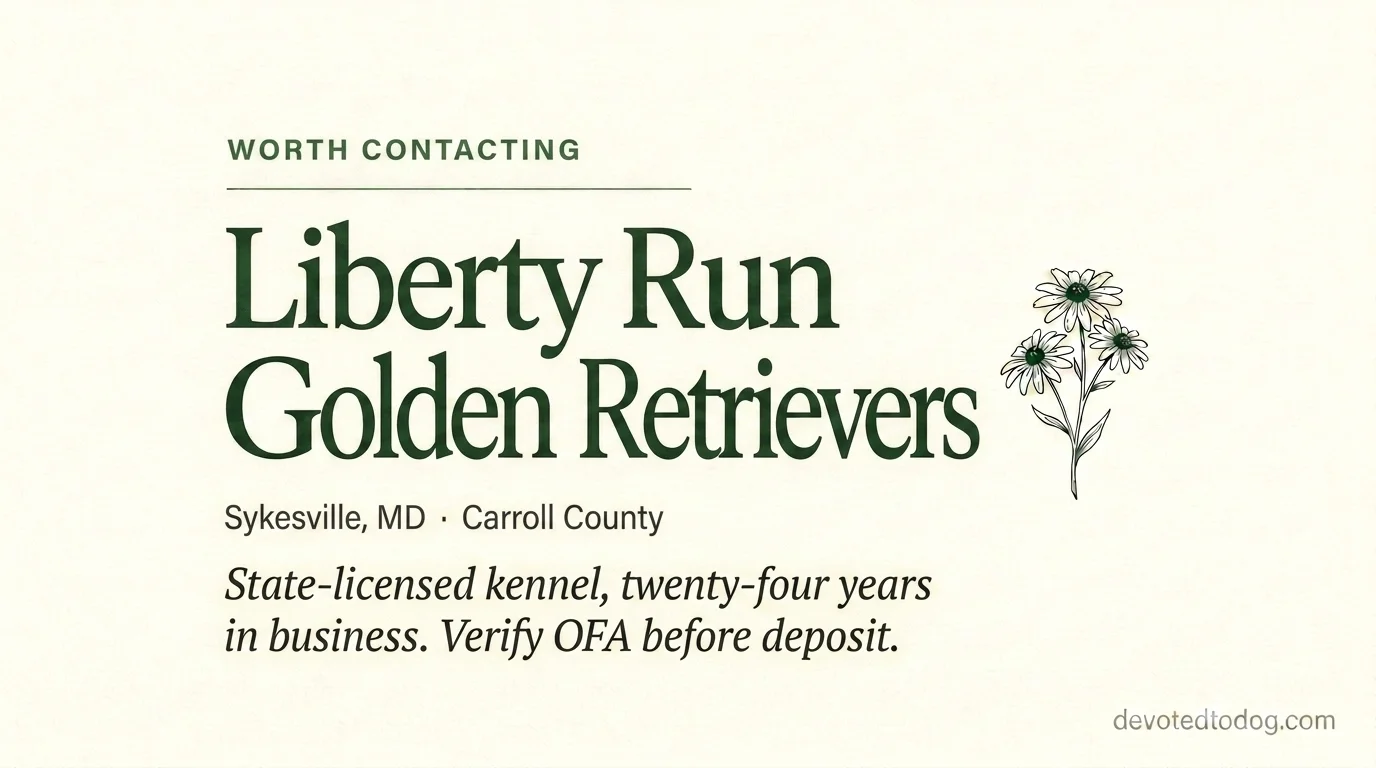 Liberty Run Golden Retrievers editorial profile card showing tier rating, Sykesville Carroll County location, and Maryland state-licensed kennel status