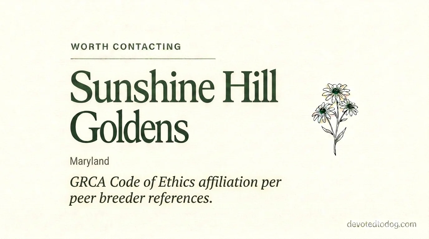 Sunshine Hill Goldens editorial profile card showing tier rating, Maryland location, and GRCA Code of Ethics affiliation