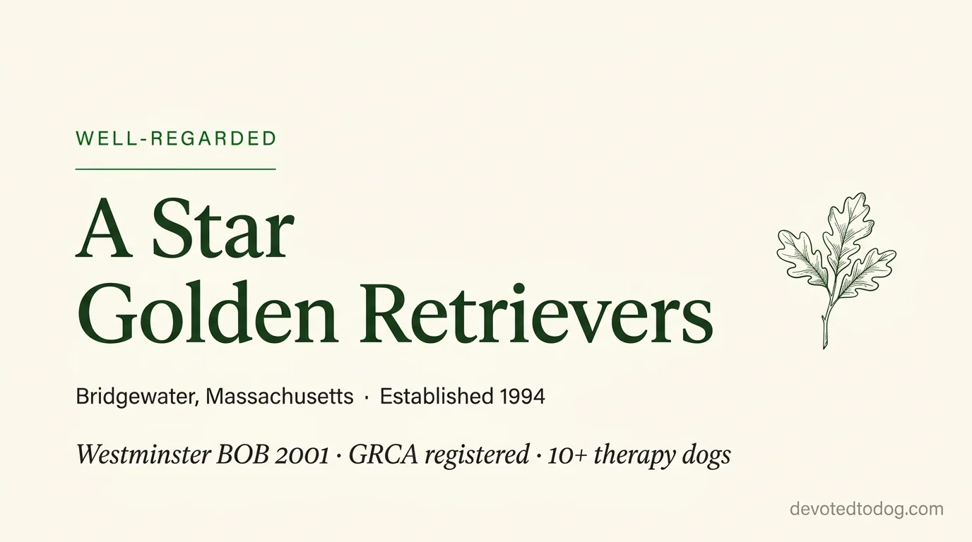 A Star Golden Retrievers editorial profile card showing tier rating, location, and key credentials