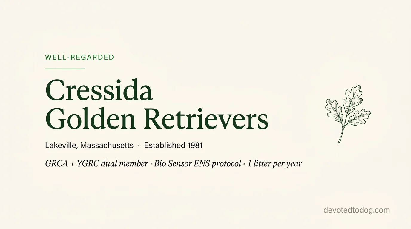 Cressida Golden Retrievers editorial profile card showing tier rating, location, and key credentials