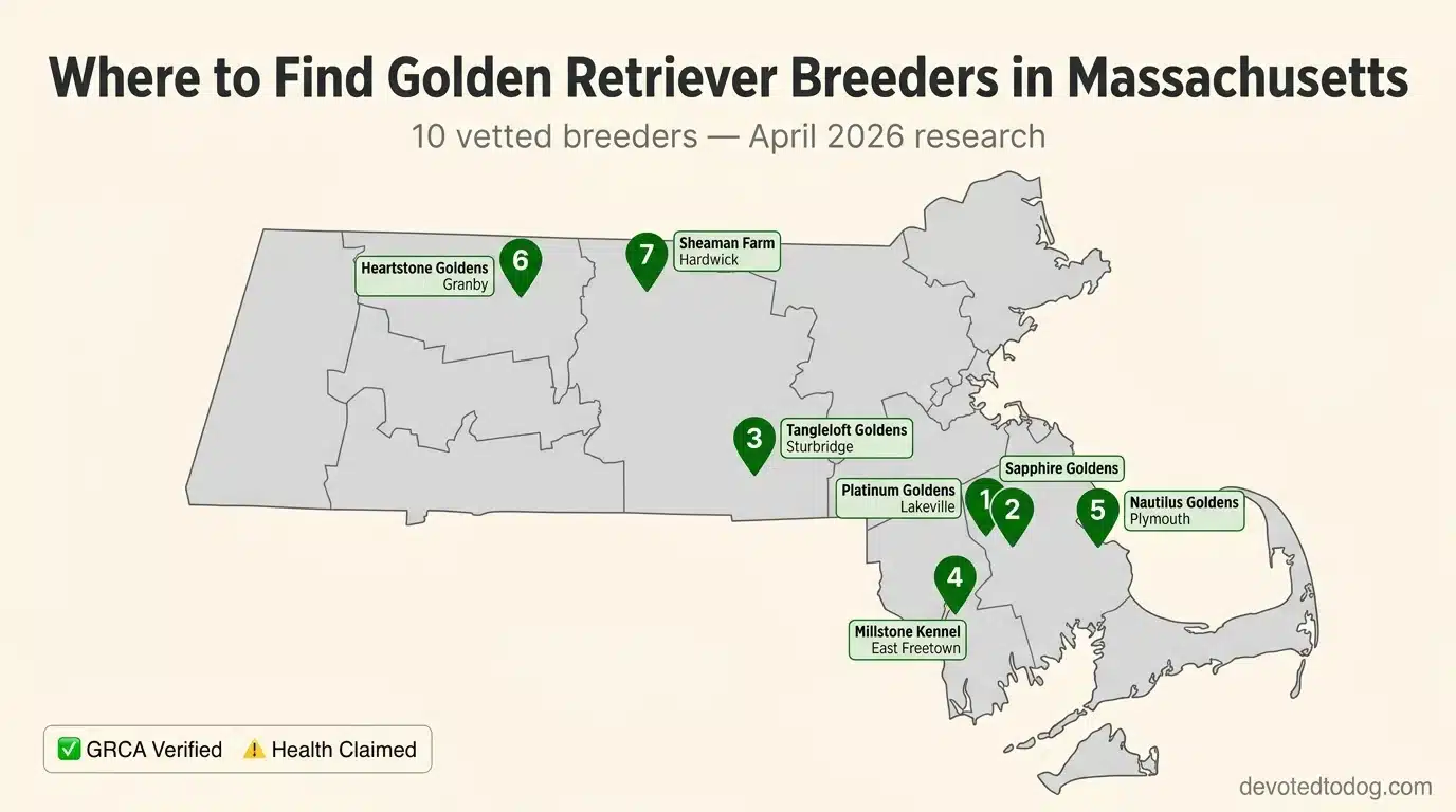 Map showing golden retriever breeder locations across Massachusetts including Lakeville, Sturbridge, Bridgewater, Mattapoisett, East Boxford, Upton, East Freetown, Middleboro, Plymouth, Hardwick, Sherborn, and Athol