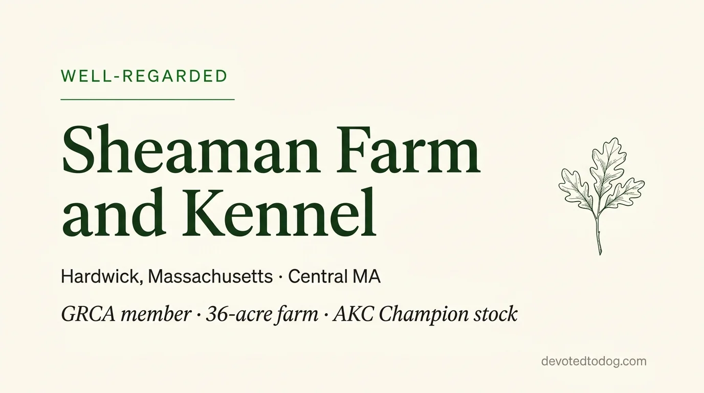 Sheaman Farm and Kennel editorial profile card showing tier rating, location, and key credentials