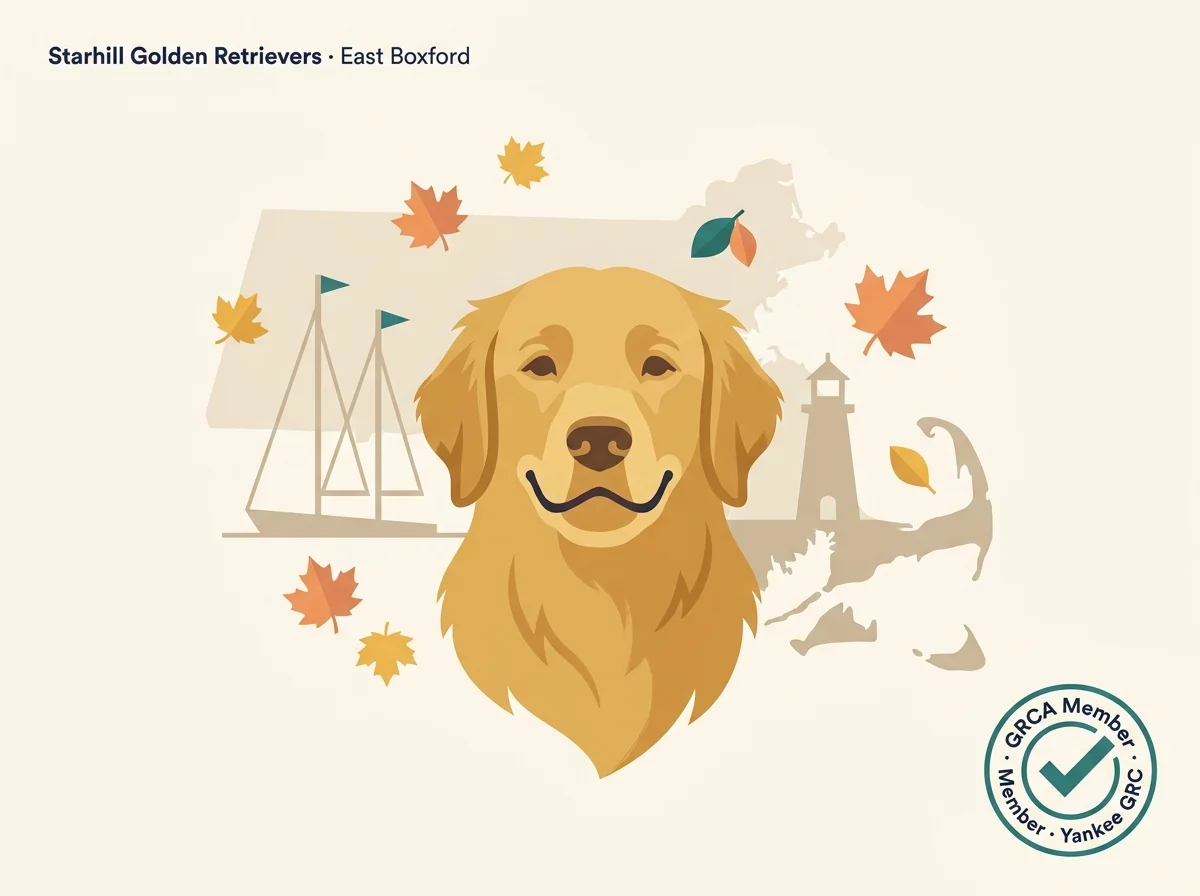 Starhill Golden Retrievers editorial profile card showing a stylized golden retriever portrait with North Shore Massachusetts coastal silhouette and GRCA / Yankee GRC verification badge.