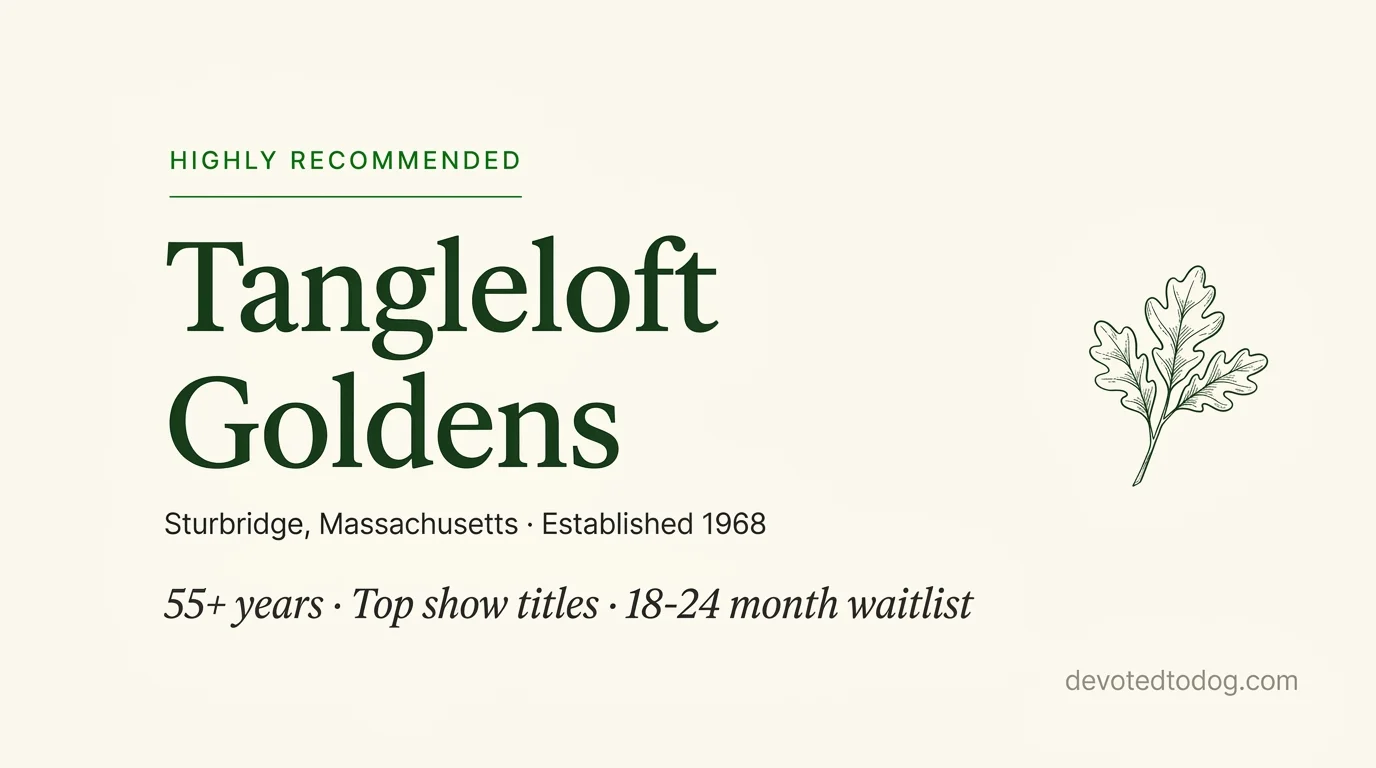 Tangleloft Goldens editorial profile card showing tier rating, location, and key credentials
