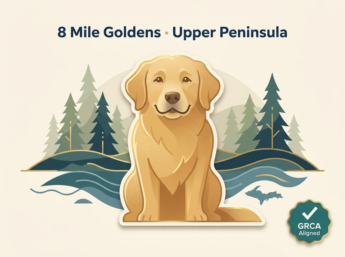 Editorial illustration of a golden retriever representing 8 Mile Golden Retrievers in Michigan's Upper Peninsula, with a GRCA Aligned badge