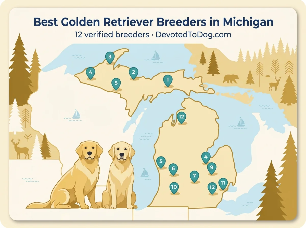 Map of Michigan showing 12 verified golden retriever breeders.