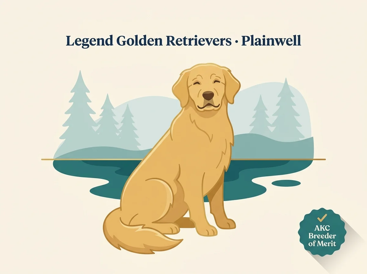 Editorial illustration of a golden retriever representing Legend Golden Retrievers in Plainwell, Michigan, with an AKC Breeder of Merit badge