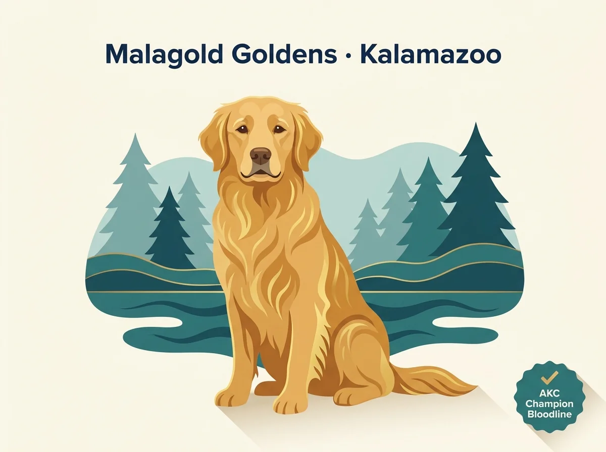 Editorial illustration of a golden retriever representing Malagold Goldens in Kalamazoo, Michigan, with an AKC Champion Bloodline badge