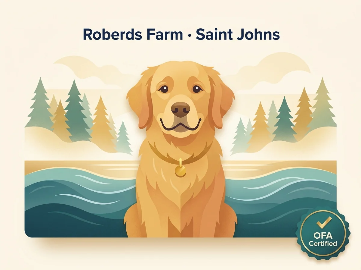 Editorial illustration of a golden retriever representing Roberds Farm Golden Retrievers in Saint Johns, Michigan, with an OFA Certified badge