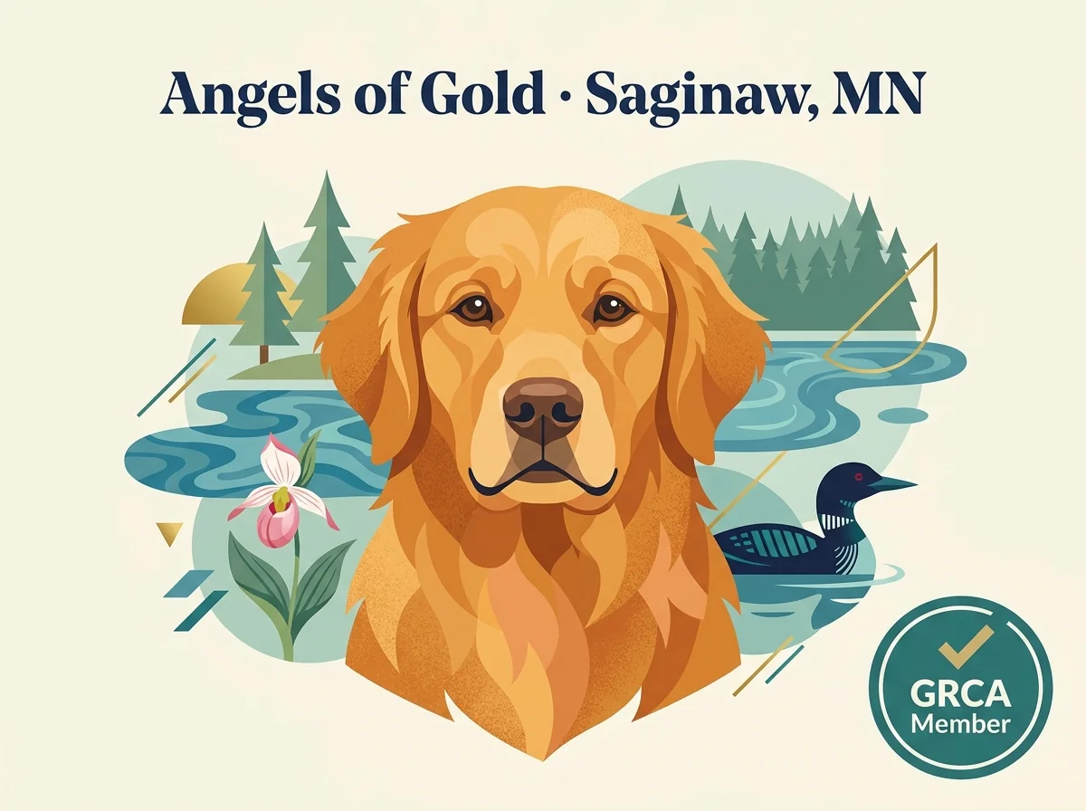 Angels of Gold editorial profile card, Saginaw MN, with golden retriever portrait and GRCA Member verification badge.