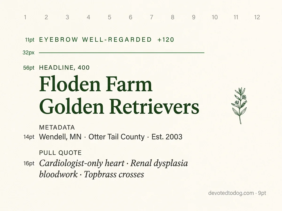 Floden Farm Golden Retrievers editorial profile card, Wendell MN, with golden retriever portrait and GRCA Member verification badge.